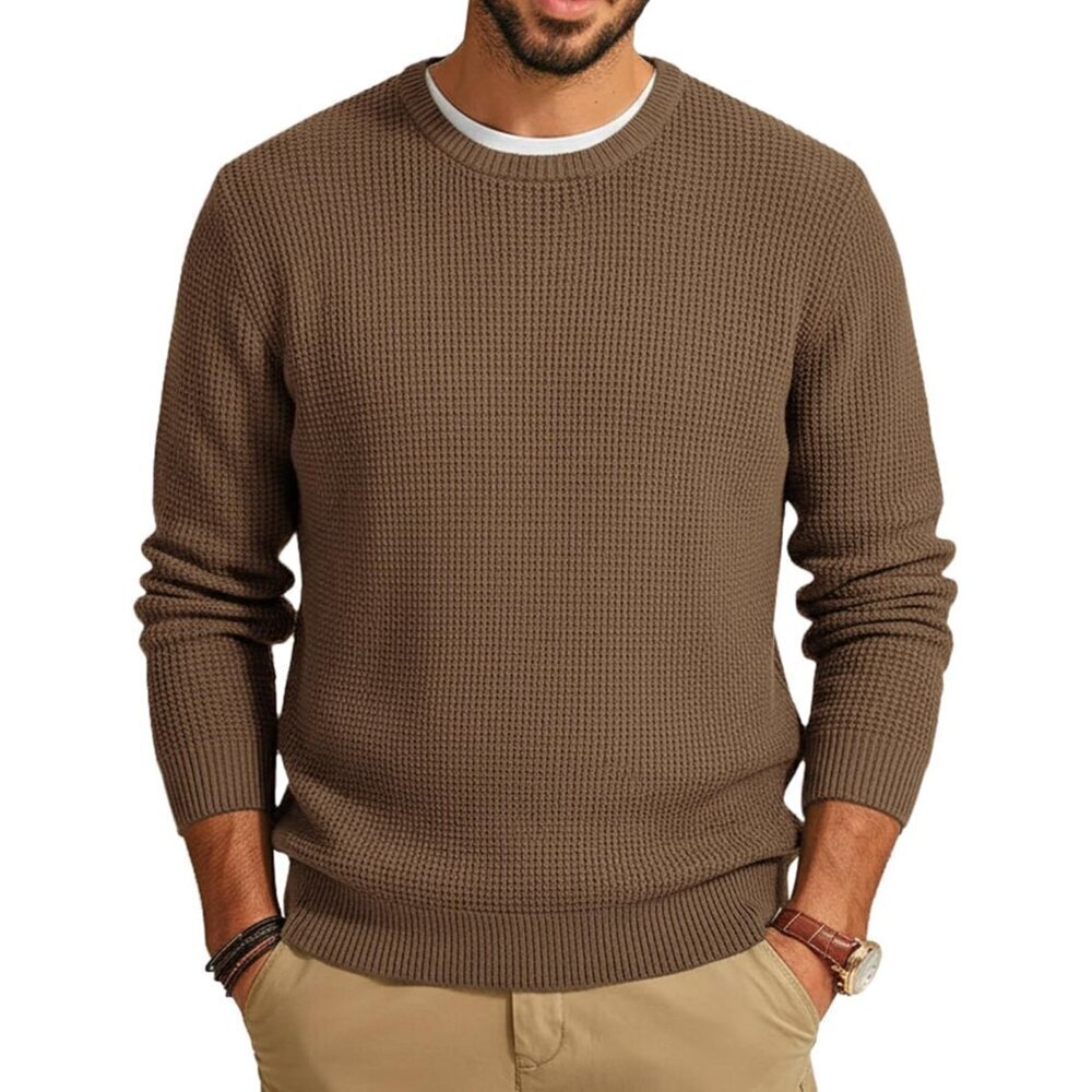 Mens Crewneck Pullover Sweater Waffle Textured Knitted Sweater Loose Fit Long Sl